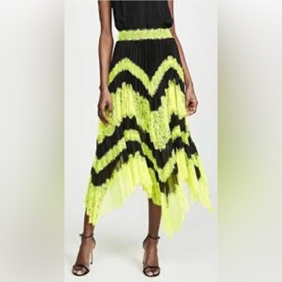 Alice Olivia Black Neon Yellow Zigzag Pleated Lace Midi Skirt Size 2